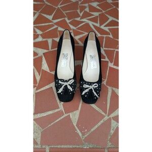 Vtg 80s/90s Salvatore Ferragamo Black Suede Square Toe Pumps w/Dainty Bow-6.5AA